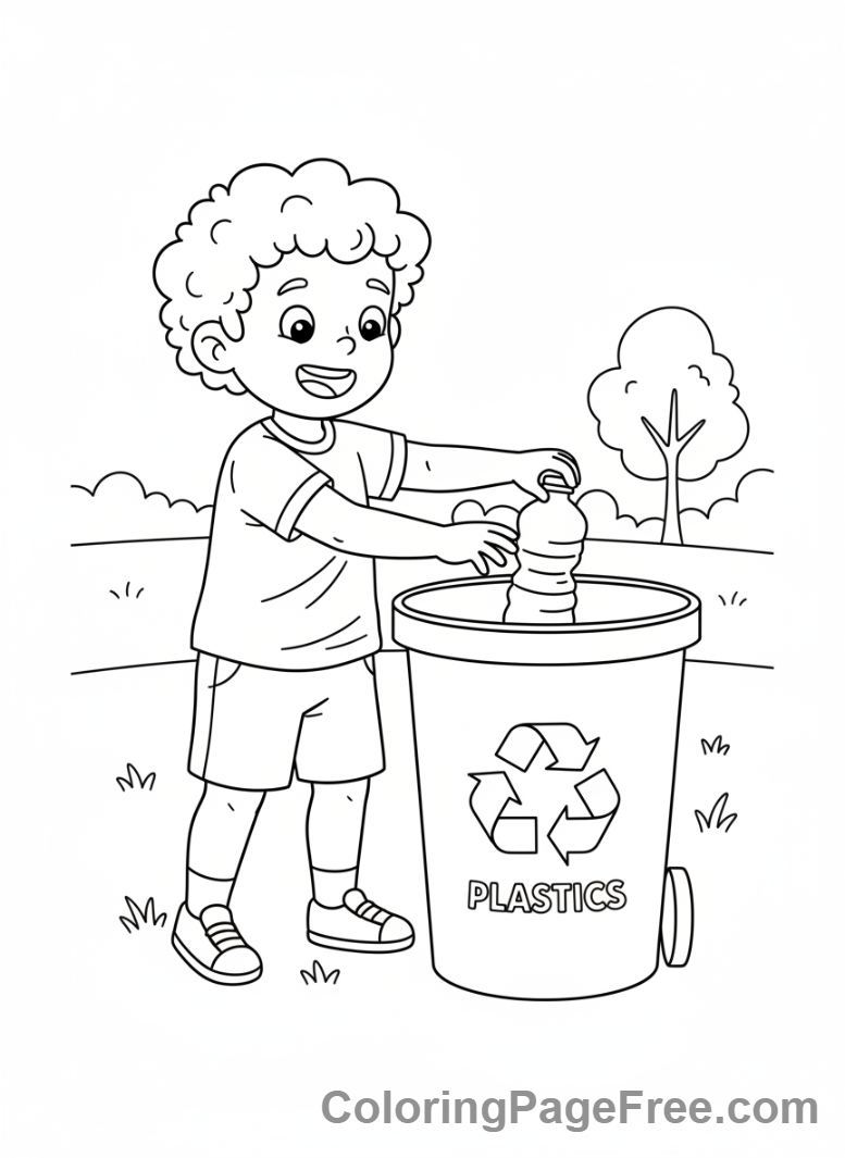 Recycling coloring page - Kid recycling bottle