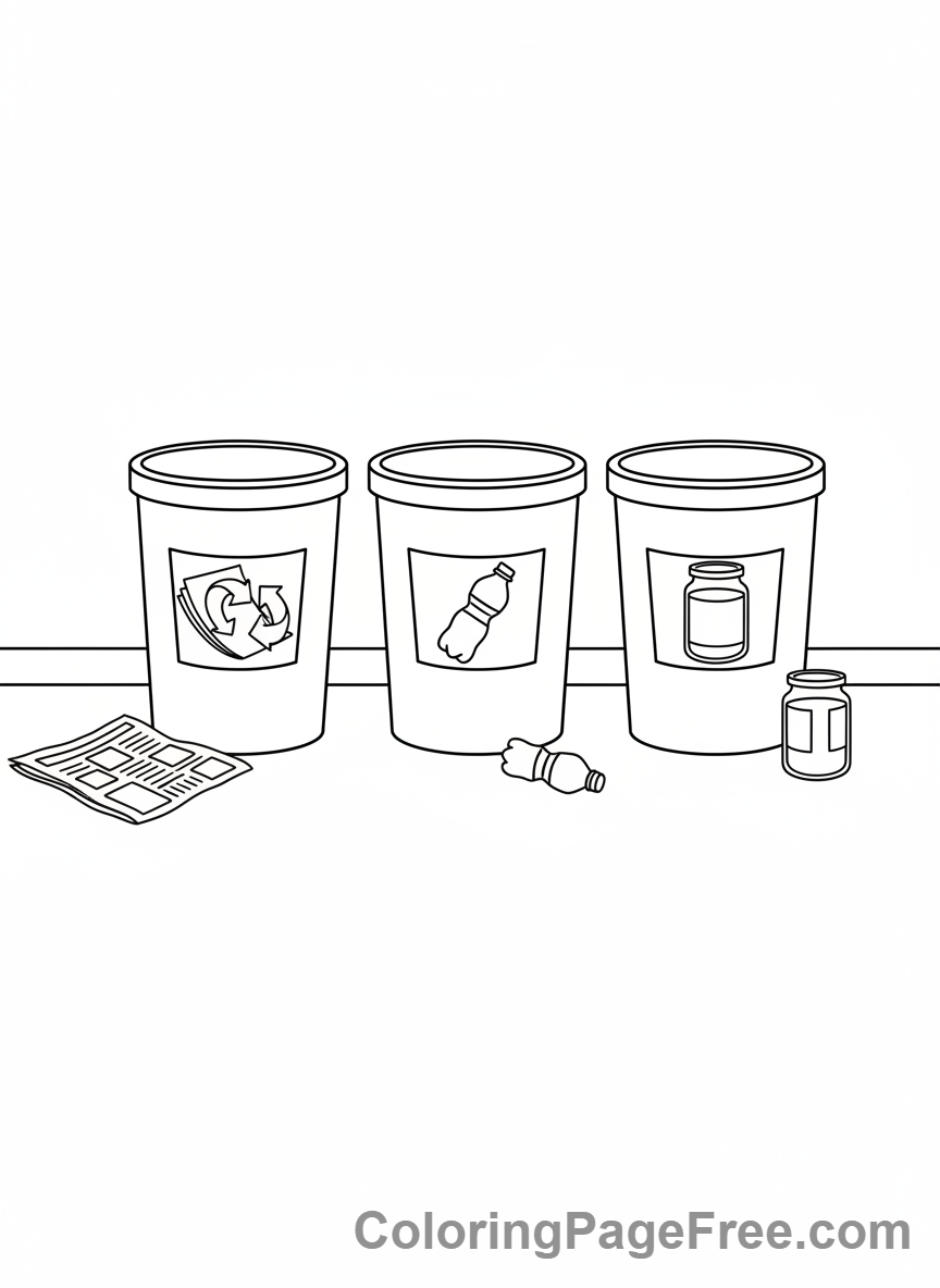 Recycling coloring page - Three recycling bins