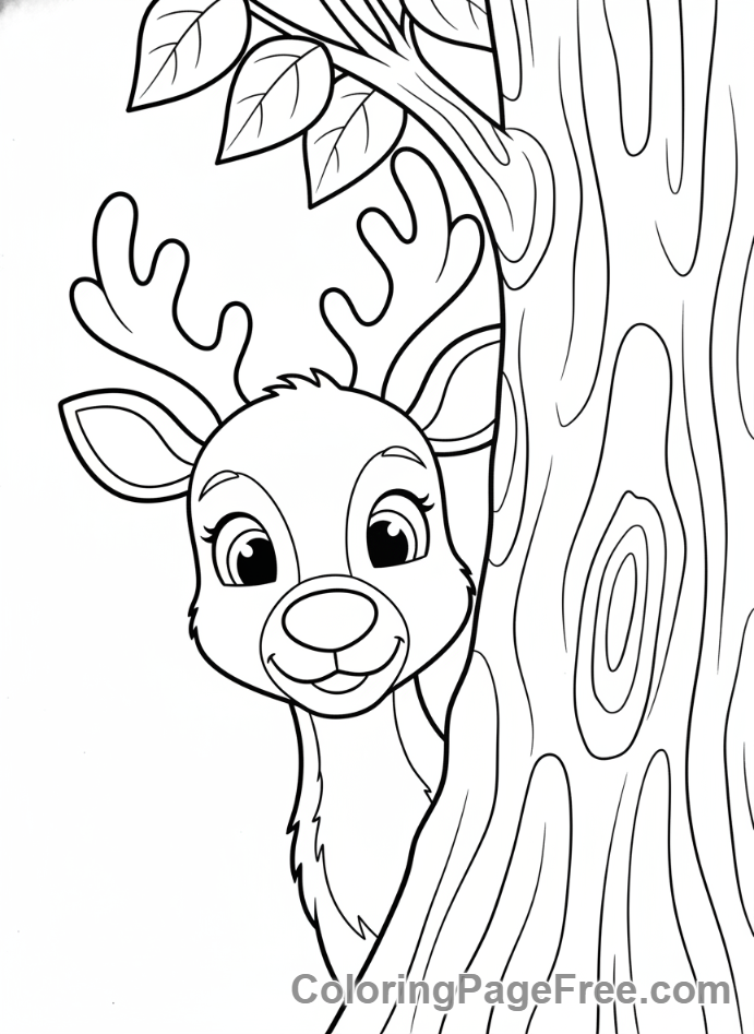 Reindeer coloring page - Reindeer peeking tree
