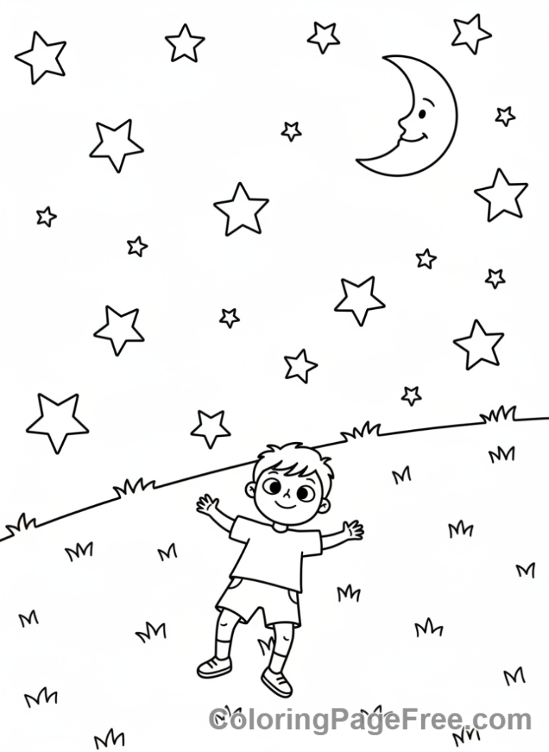 Relaxing coloring page - Child stargazing night