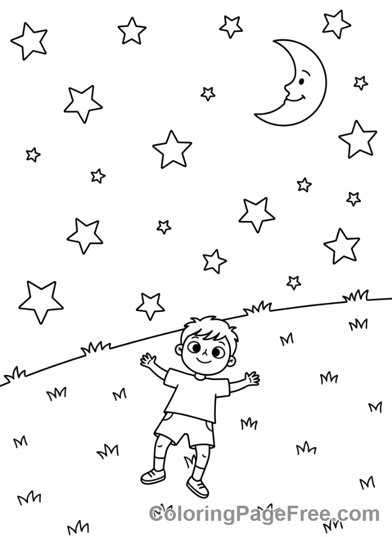 Relaxing coloring page - Child stargazing night