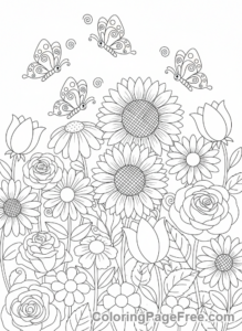 Relaxing coloring page - Garden butterflies flowers