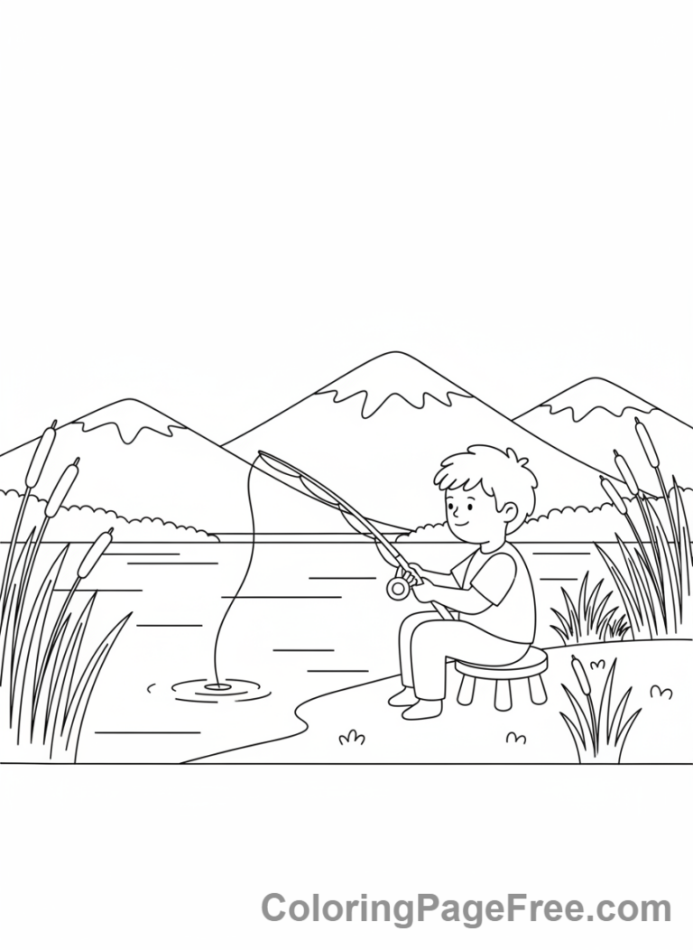 Relaxing coloring page - Kid fishing lake