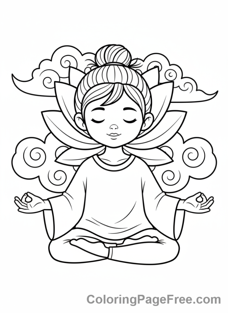 Relaxing coloring page - Kid meditating lotus