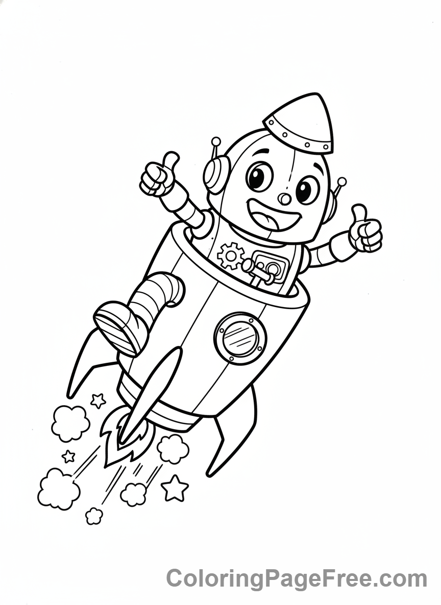 Robot coloring page - Robot flying rocket