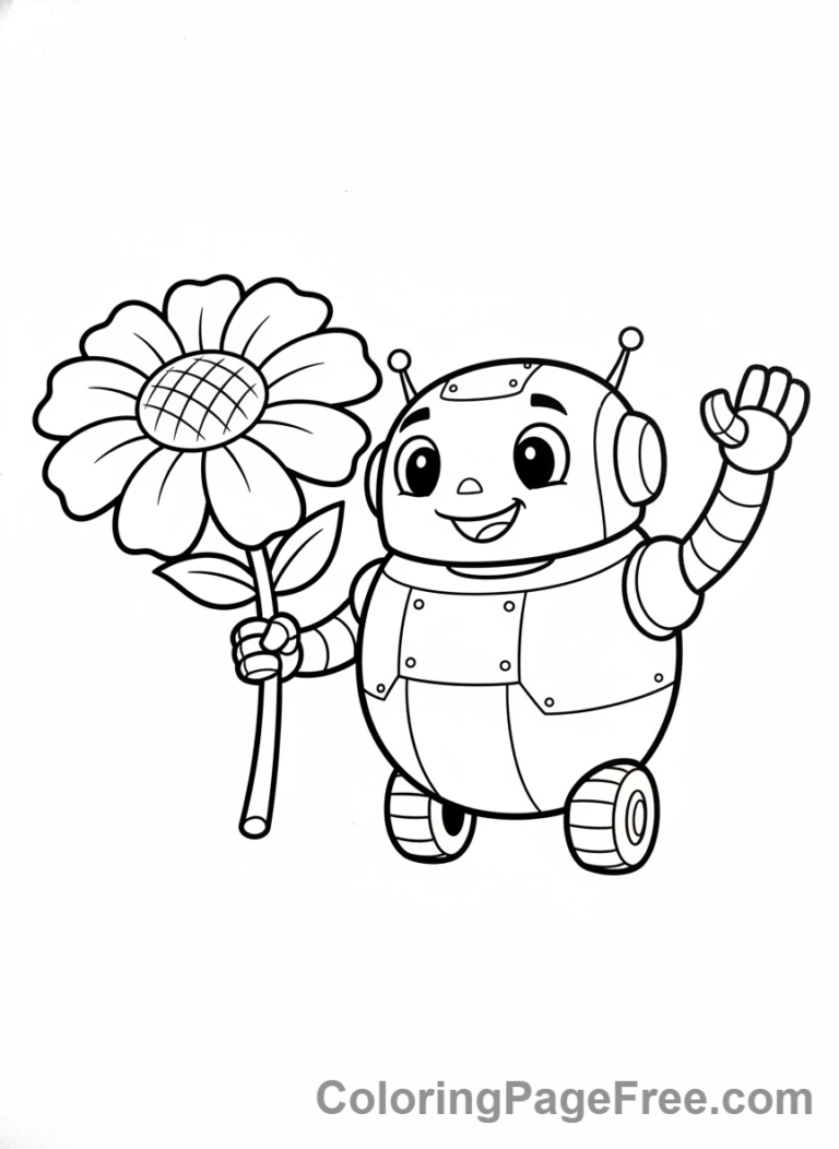 Robot coloring page - Robot holding flower