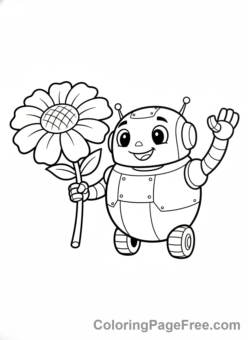 Robot coloring page - Robot holding flower