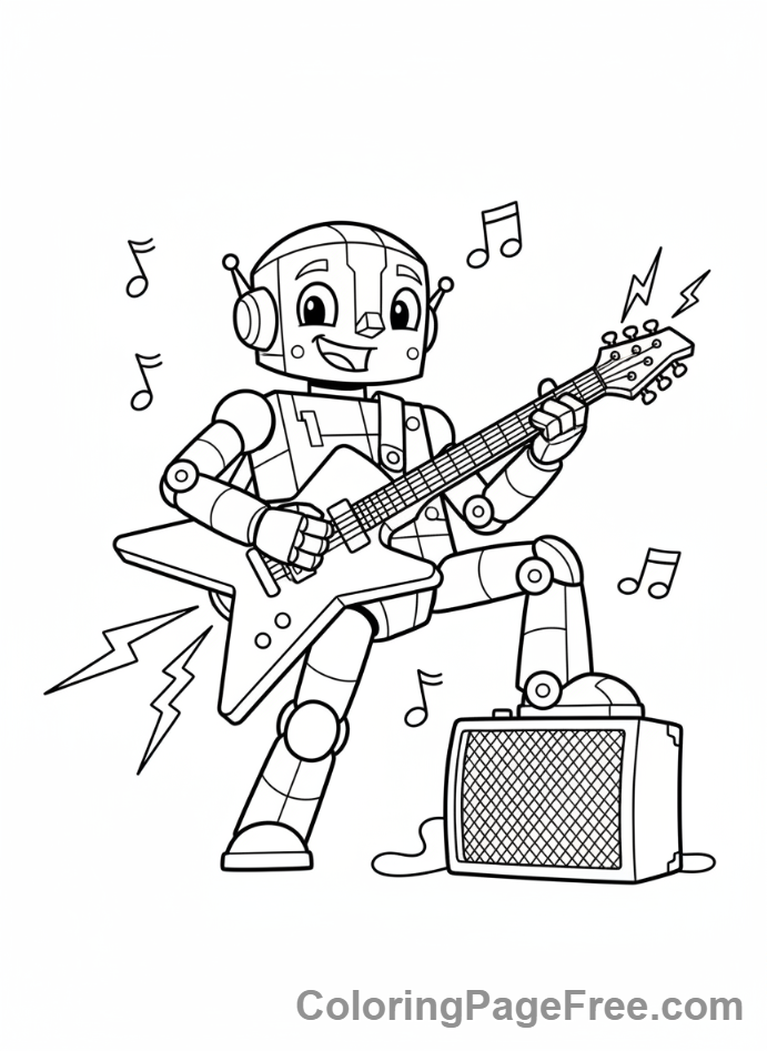 Robot coloring page - Robot playing guitar