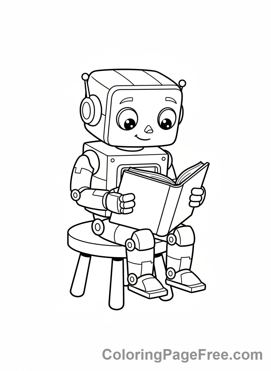 Robot coloring page - Robot reading book