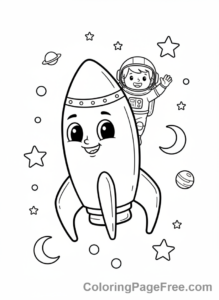 Rocket coloring page - Astronaut waving rocket