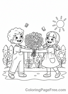 Romance coloring page - Child gives flowers