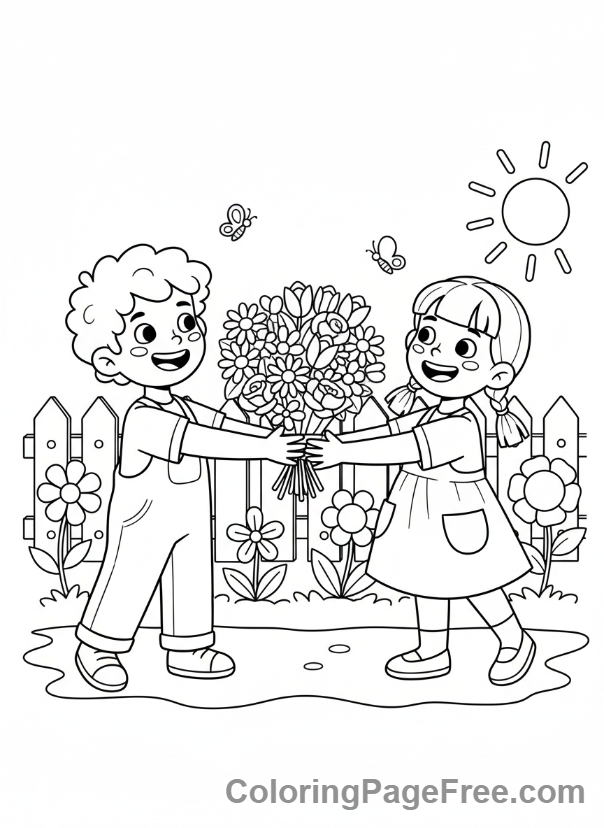 Romance coloring page - Child gives flowers