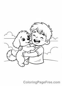 Romance coloring page - Child hugs puppy