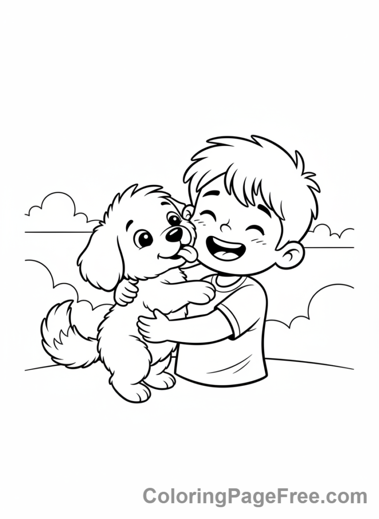 Romance coloring page - Child hugs puppy