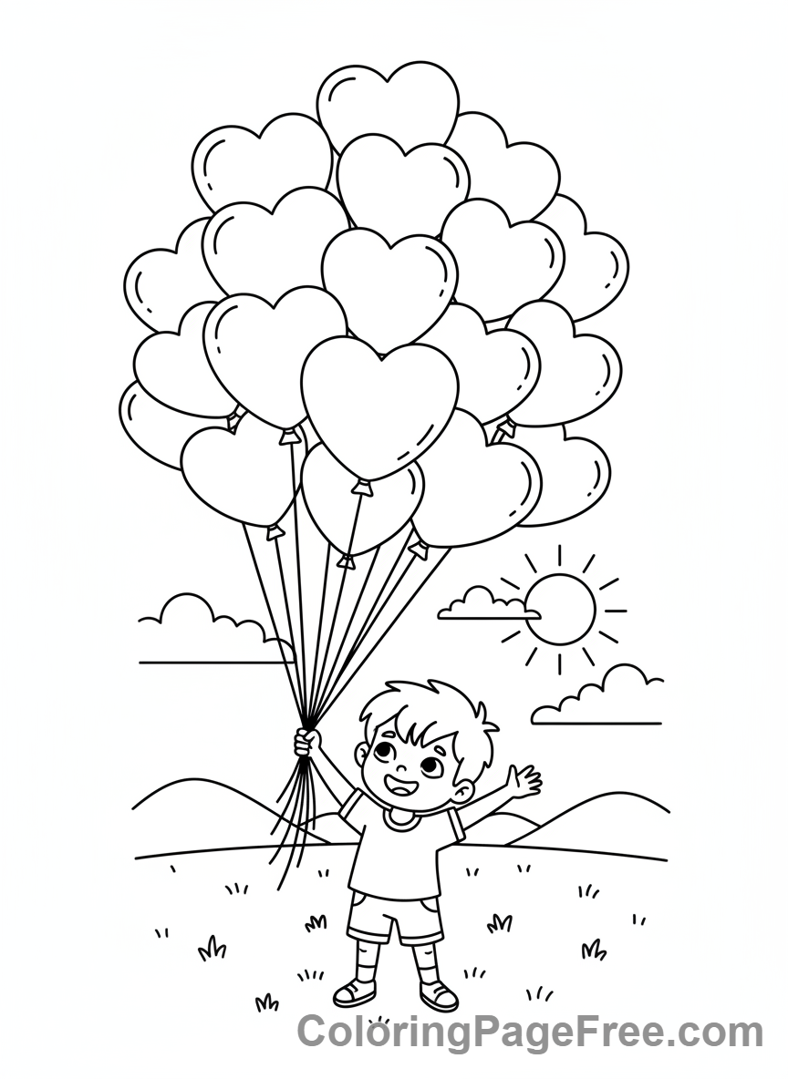 Romance coloring page - Kid heart balloons