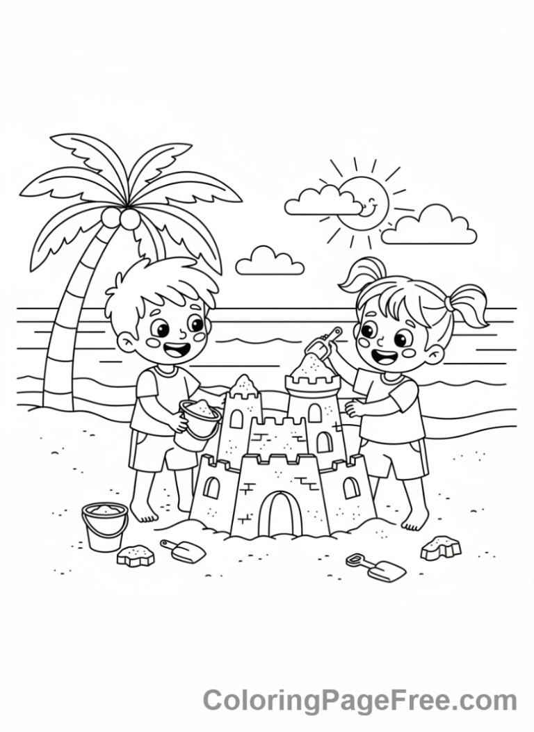 Romance coloring page - Kids build sandcastle
