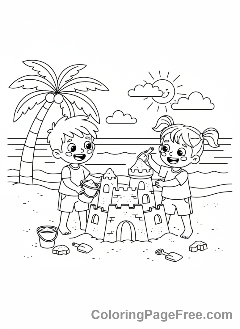 Romance coloring page - Kids build sandcastle
