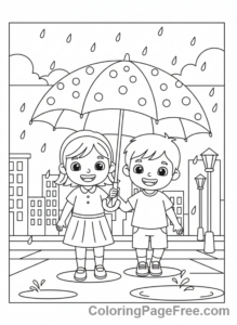 Romance coloring page - Kids share umbrella
