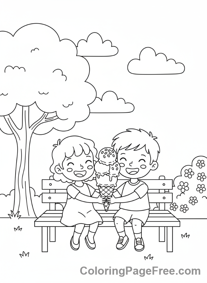 Romance coloring page - Kids sharing ice cream