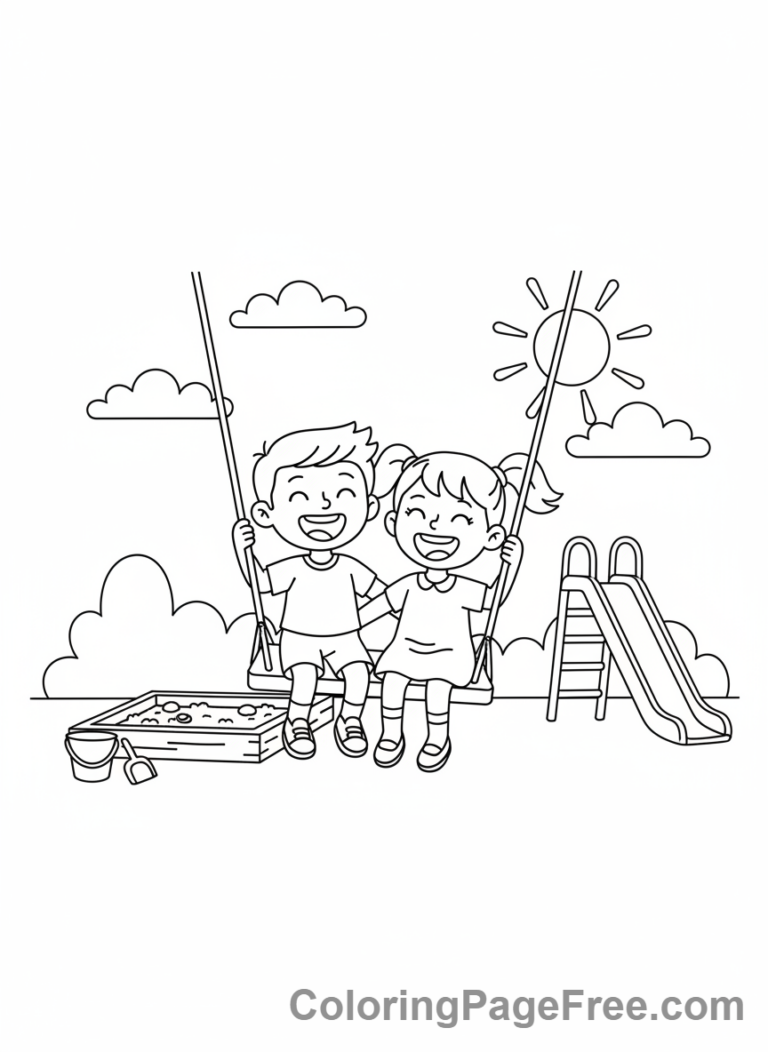Romance coloring page - Kids sharing swing