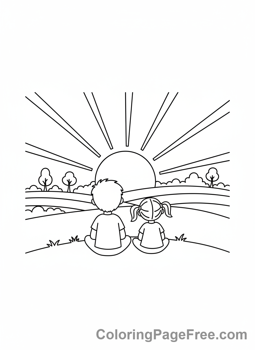 Romance coloring page - Kids watch sunset