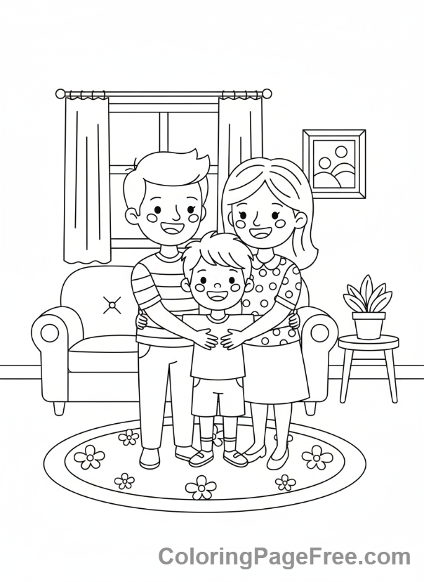 Romance coloring page - Parents hug child