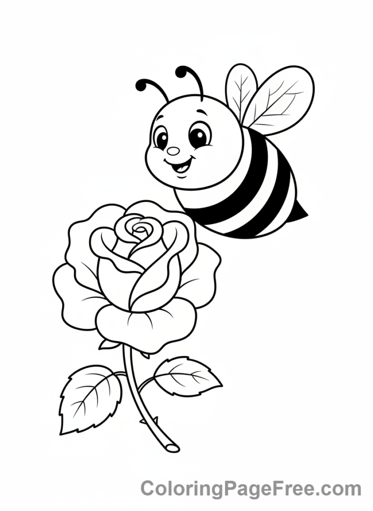 Rose coloring page - Bee on rose