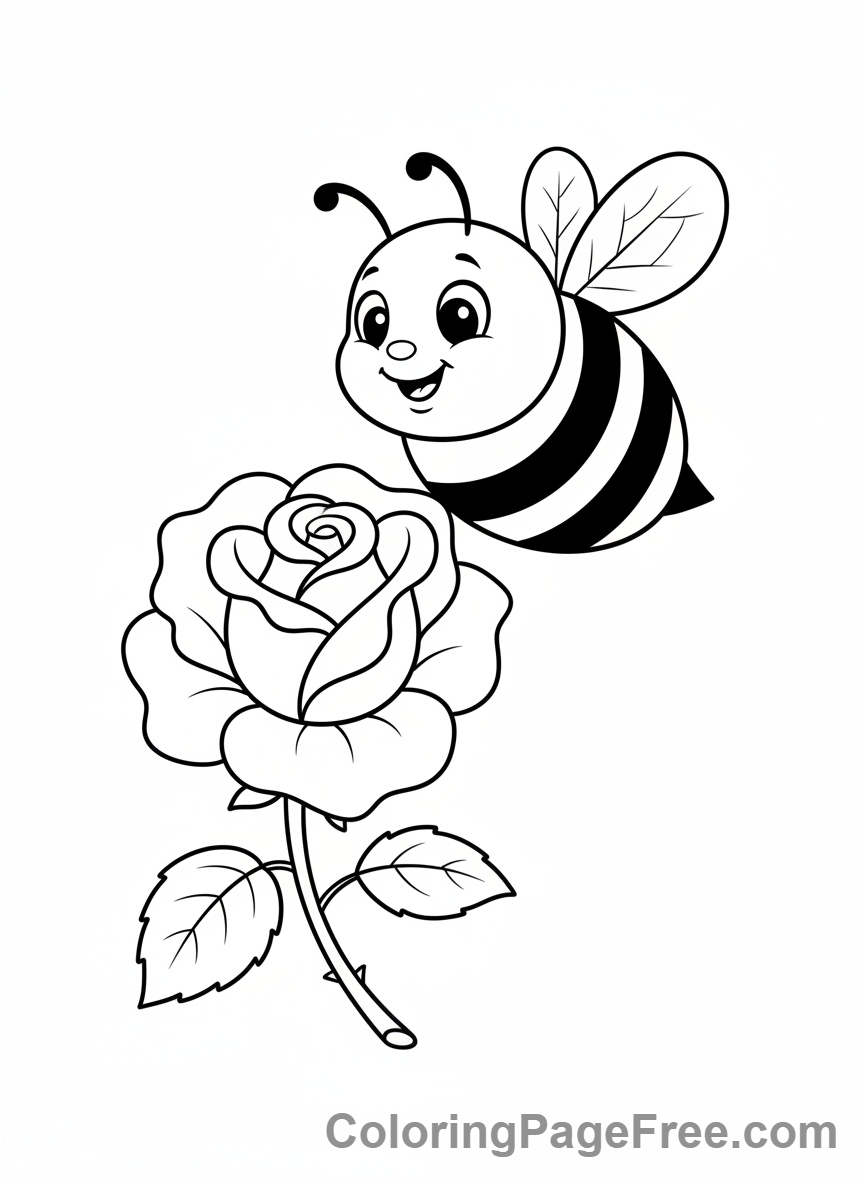 Rose coloring page - Bee on rose