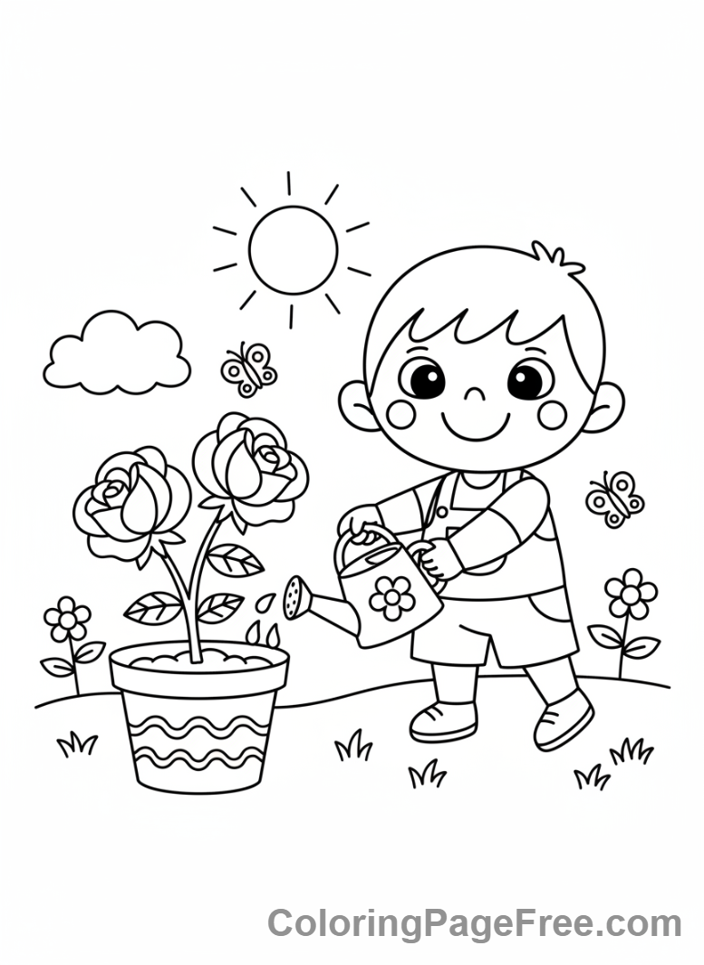 Rose coloring page - Child watering rose