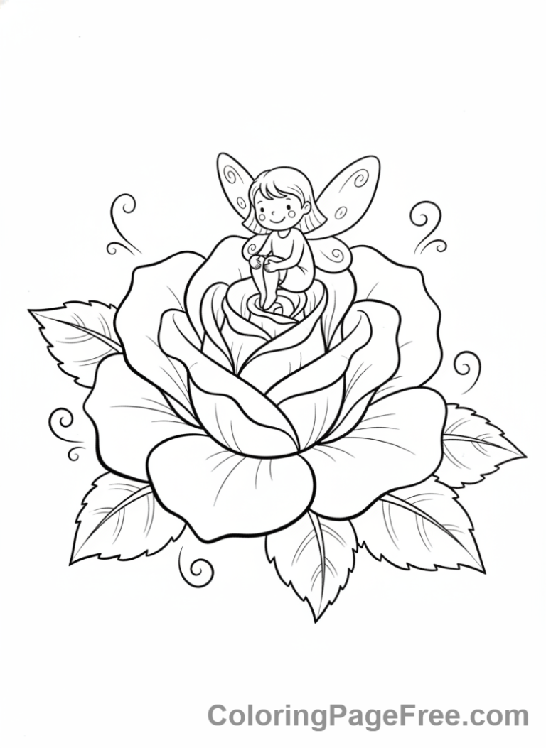 Fairy resting on a giant rose flower