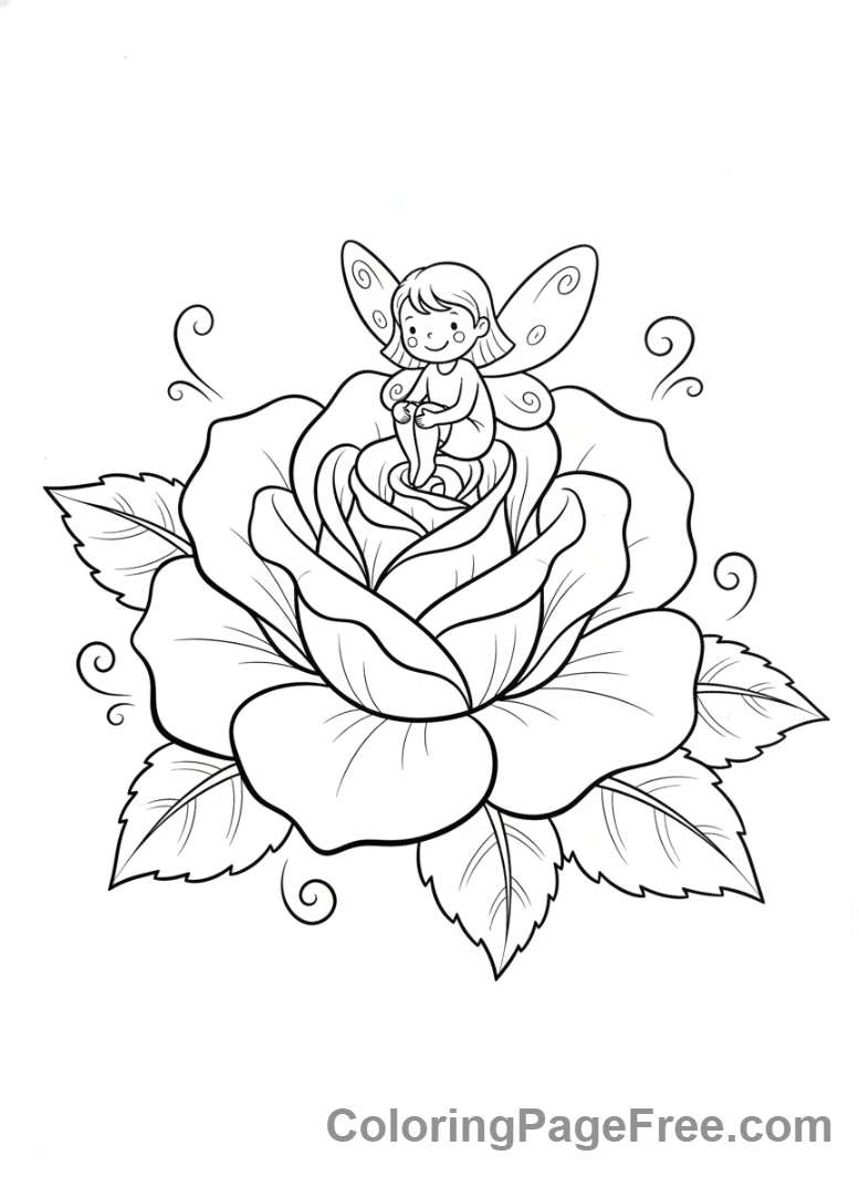Rose coloring page - Fairy on rose