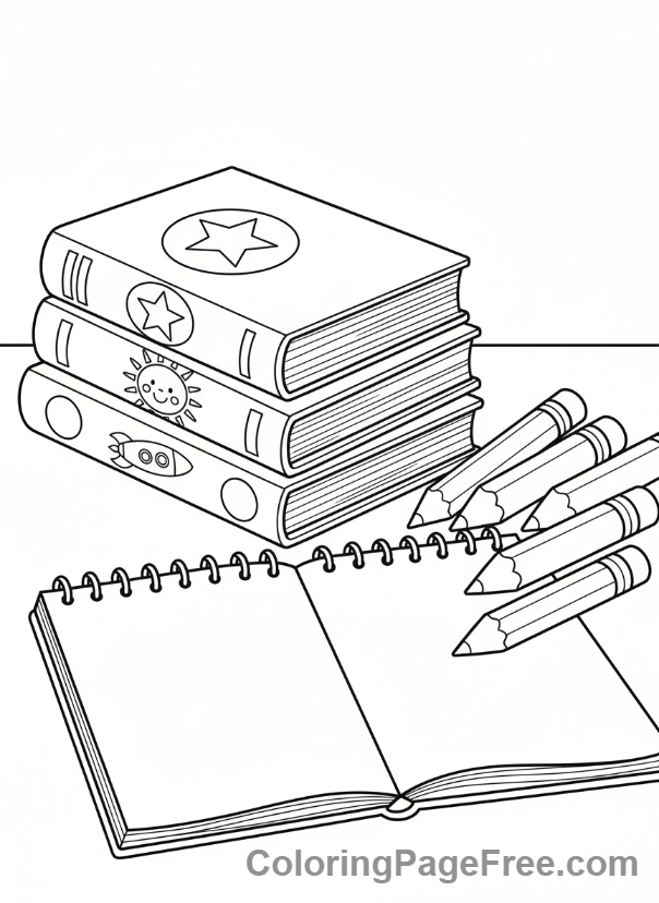 School coloring page - Books and pencils
