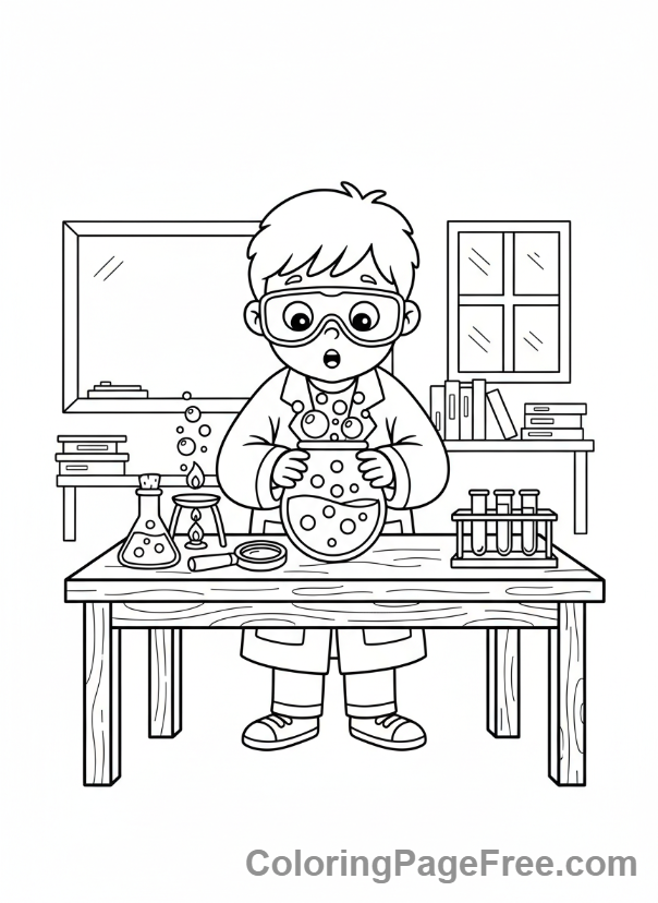 School coloring page - Child science experiment