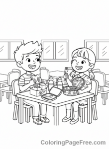 School coloring page - Friends lunch cafeteria
