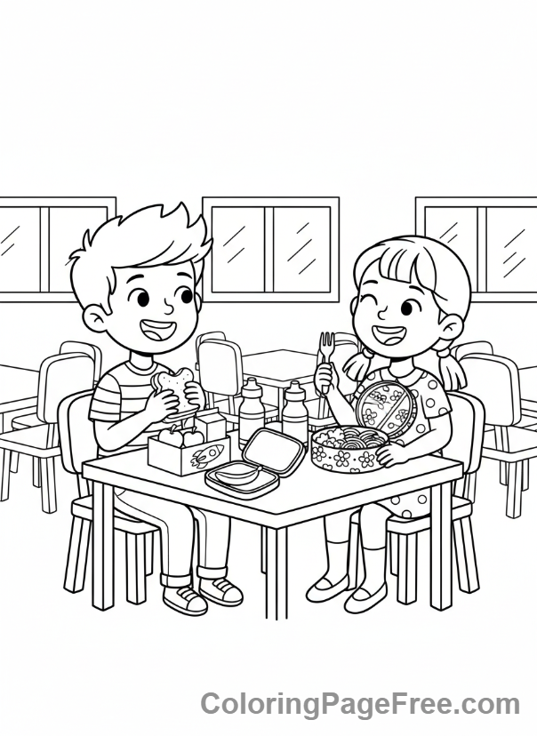 School coloring page - Friends lunch cafeteria