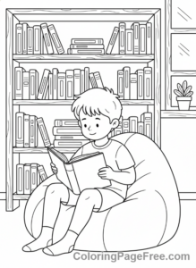 School coloring page - Kid reading library