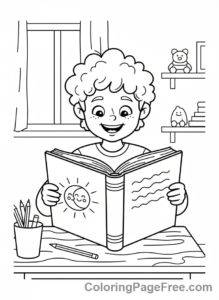 School coloring page - Kid studying desk