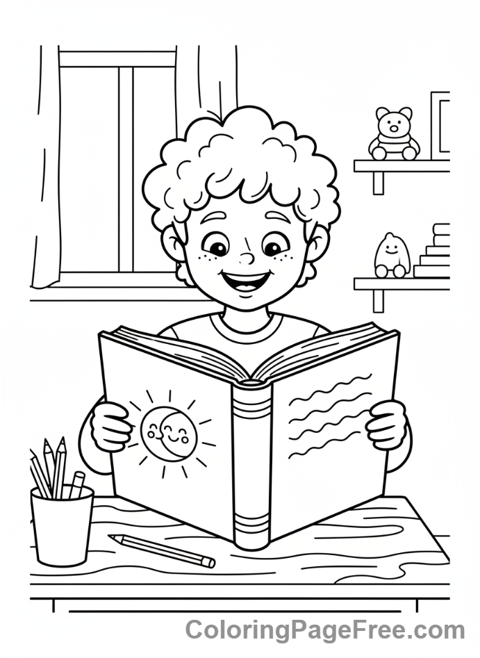 School coloring page - Kid studying desk