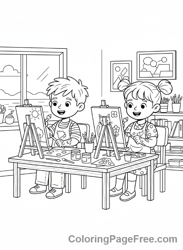 School coloring page - Kids art class