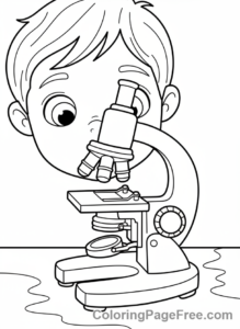 Science coloring page - Child looking microscope
