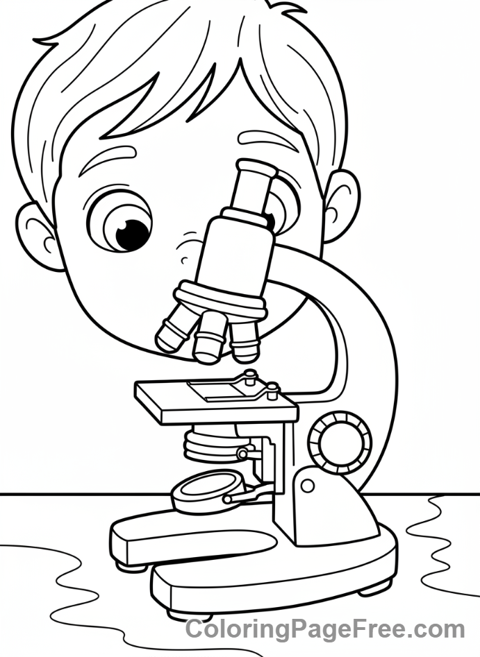 Science coloring page - Child looking microscope