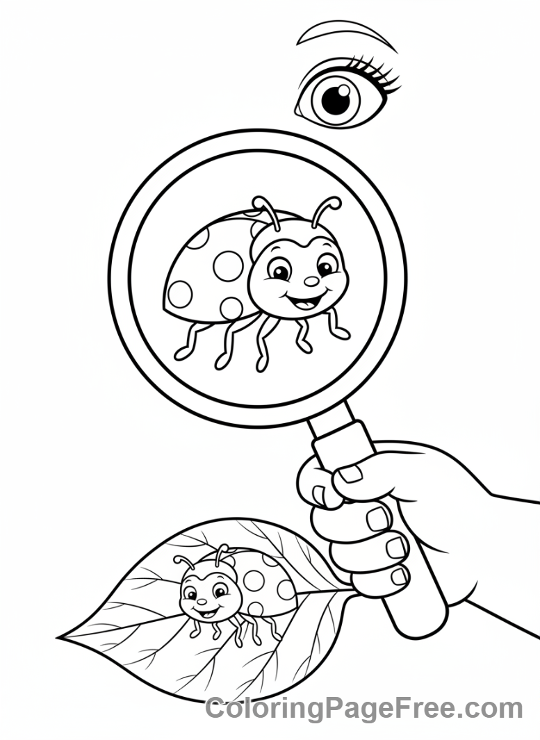 Science coloring page - Child magnifying ladybug