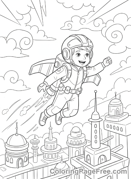 Science Fiction coloring page - Child flying jetpack