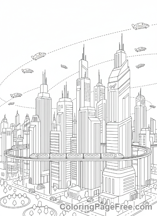 Science Fiction coloring page - Futuristic city skyline