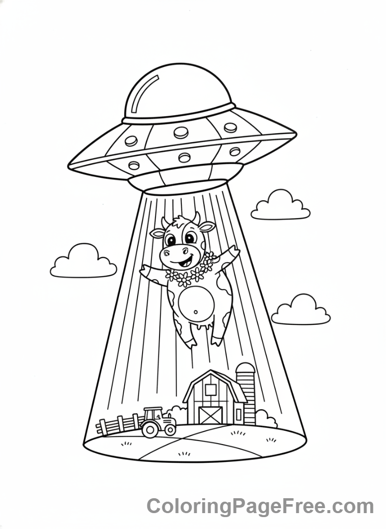 Science Fiction coloring page - UFO abducting cow