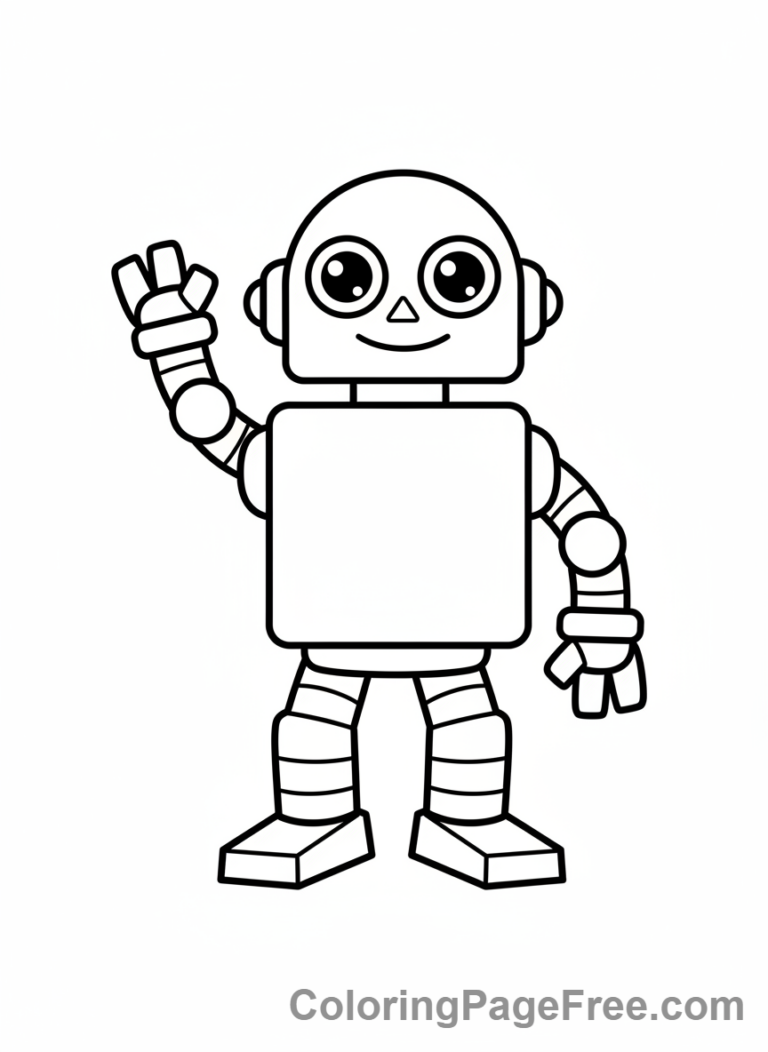 Friendly science robot waving coloring page
