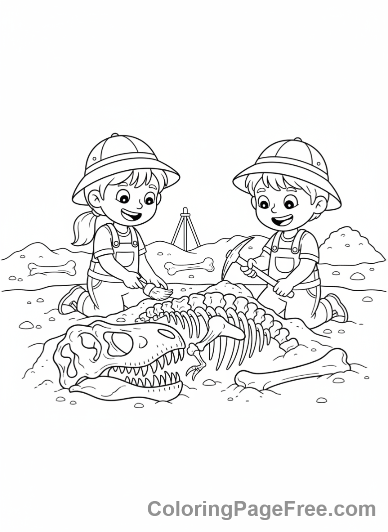 Science coloring page - Kids digging fossil