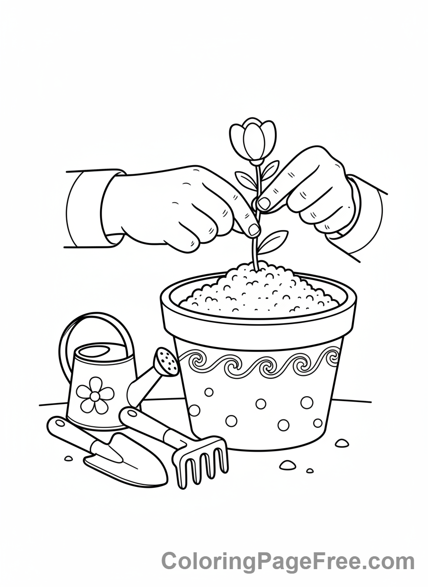 Seasons coloring page - Kid planting flowers