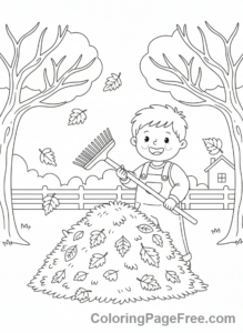 Seasons coloring page - Kid raking leaves