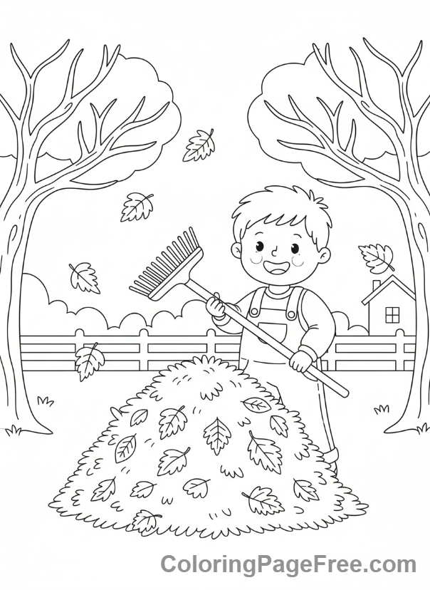 Seasons coloring page - Kid raking leaves
